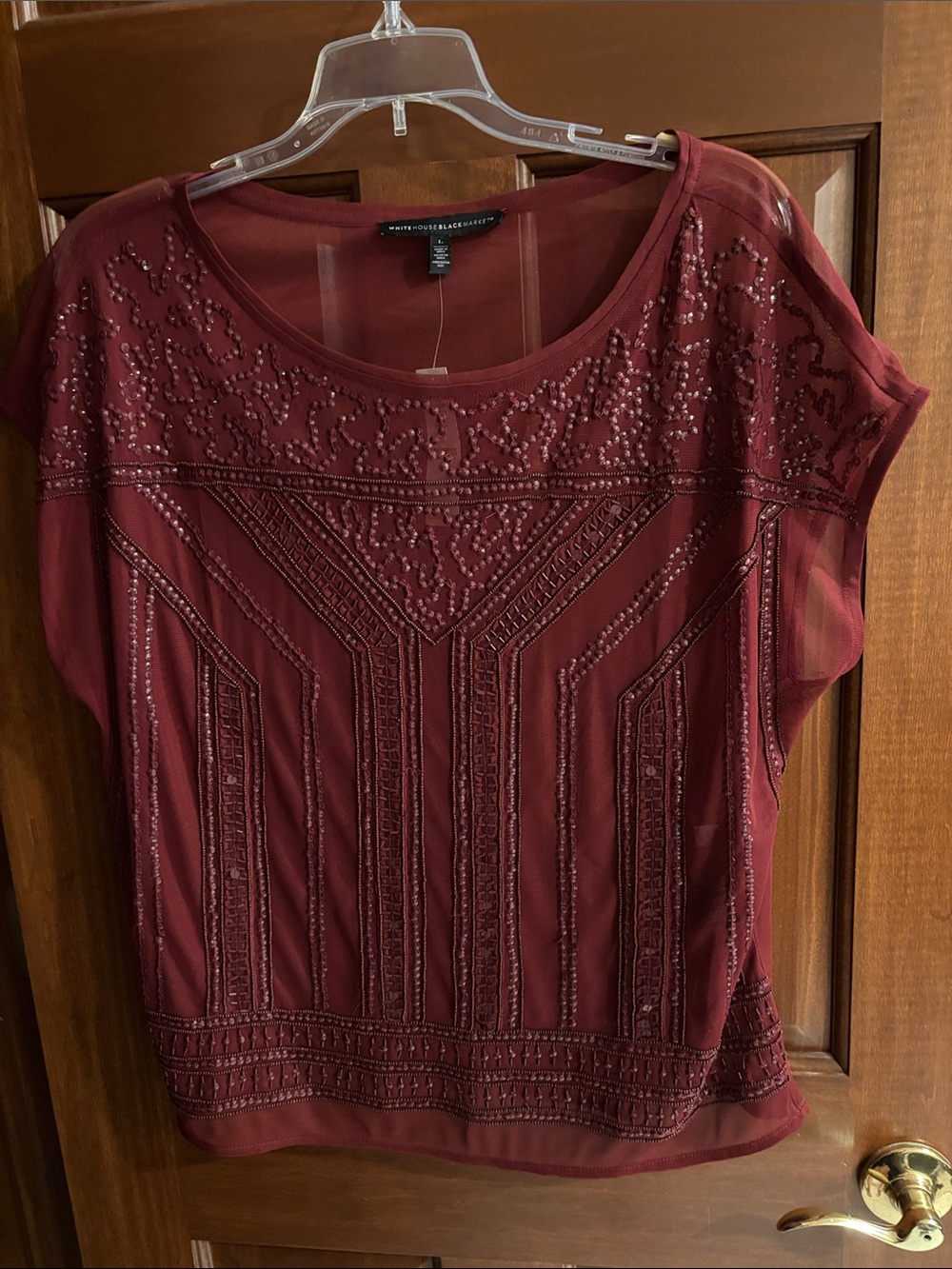 NWT White House Black Market Burgundy/Red Beaded Scoop-Neck Blouse, Sz Large
